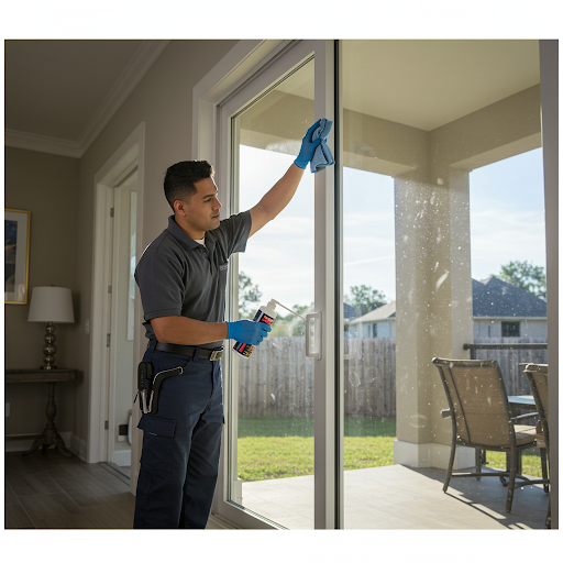 Sliding glass door being cleaned and lubricated as part of regular maintenance in a Houston home.